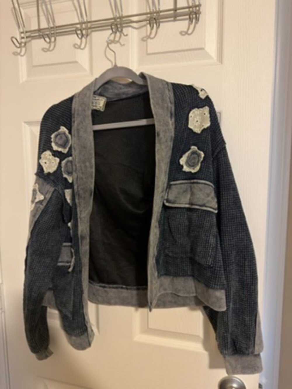 POL Mixed Media Waffle Knit Applique Open Jacket Cardigan NWOT